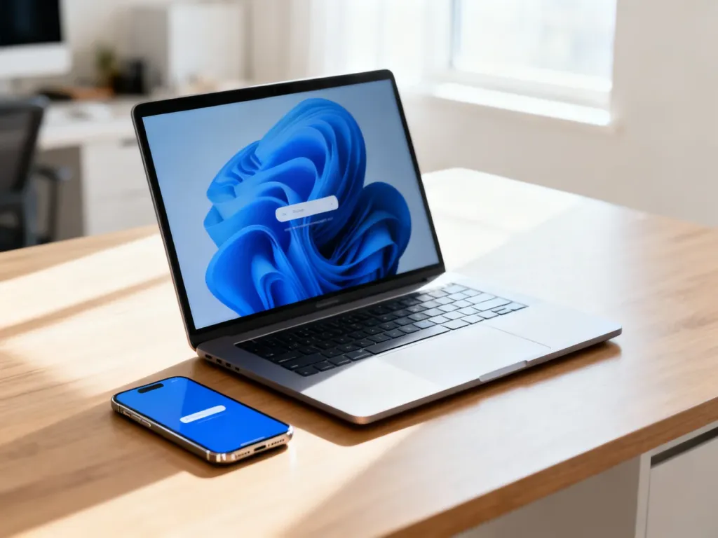 Otwarty laptop i smartfon z widocznym interfejsem logowania na biurku w jasnym biurze domowym.