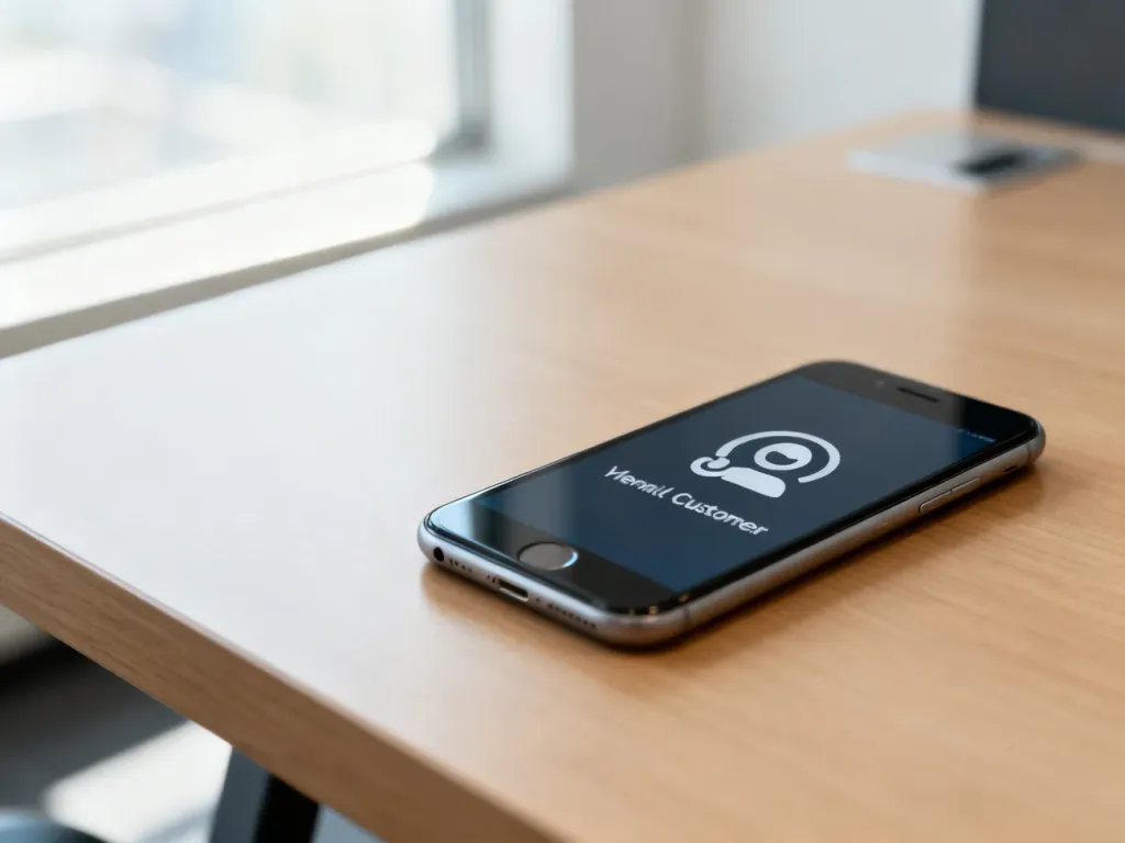 Nowoczesny smartfon z ikoną obsługi klienta na ekranie, leżący na drewnianym biurku w jasnym biurze.