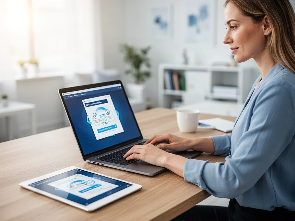 Kobieta pracująca przy laptopie i tablecie, na którym widać proces konwersji dokumentu w jasnym, nowoczesnym biurze.