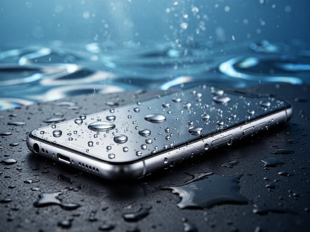 Nowoczesny smartfon na mokrej powierzchni z widocznymi kroplami wody, podkreślający jego odporność na wilgoć.