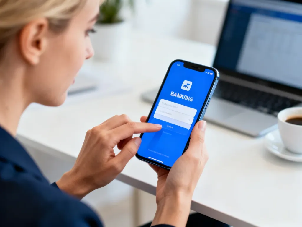 Kobieta loguje się do aplikacji bankowej PeoPay na smartfonie w przytulnym domowym biurze.