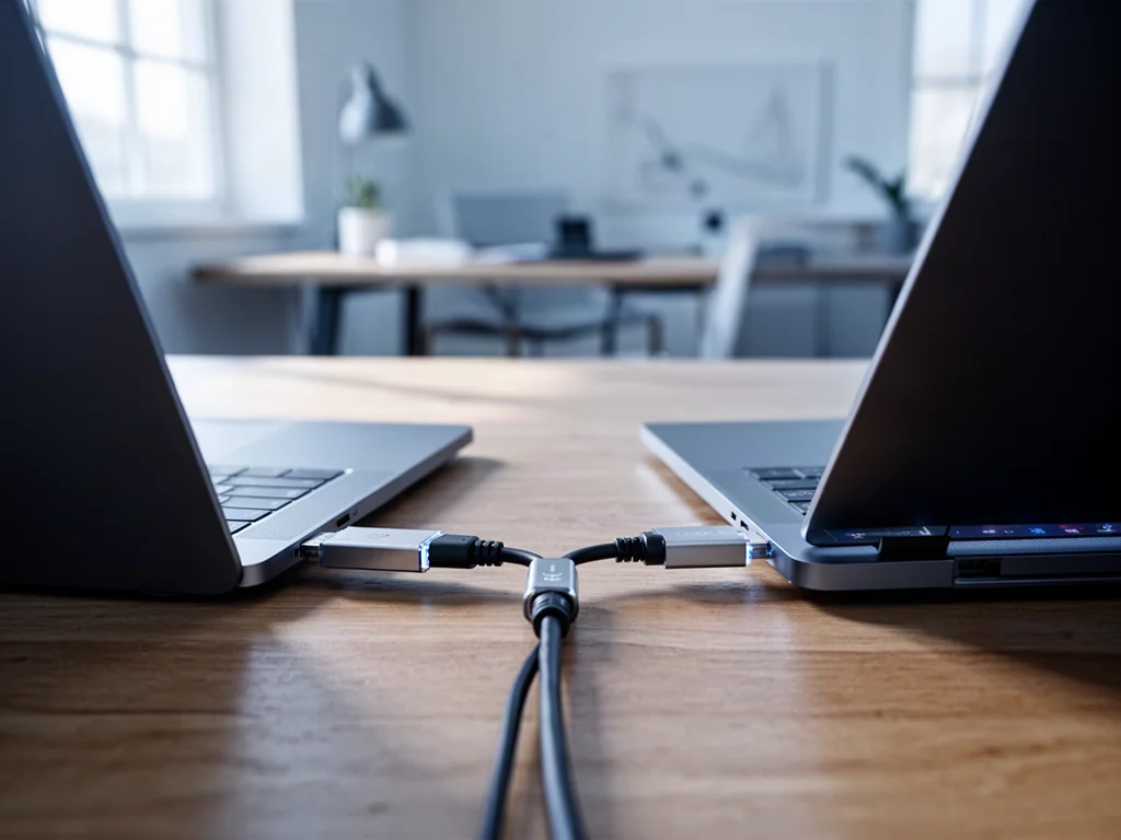 Dwa nowoczesne laptopy połączone kablem danych na drewnianym biurku, gotowe do przesyłania plików.