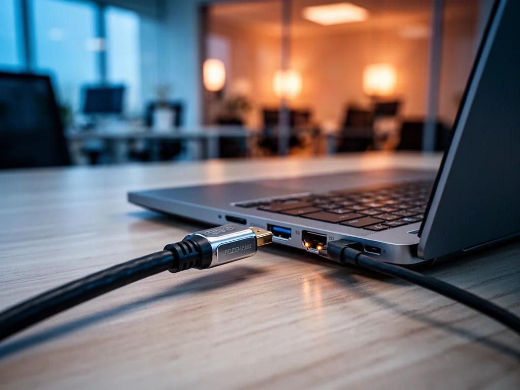 Zbliżenie na kabel HDMI podłączony do portu w nowoczesnym laptopie na drewnianym biurku.