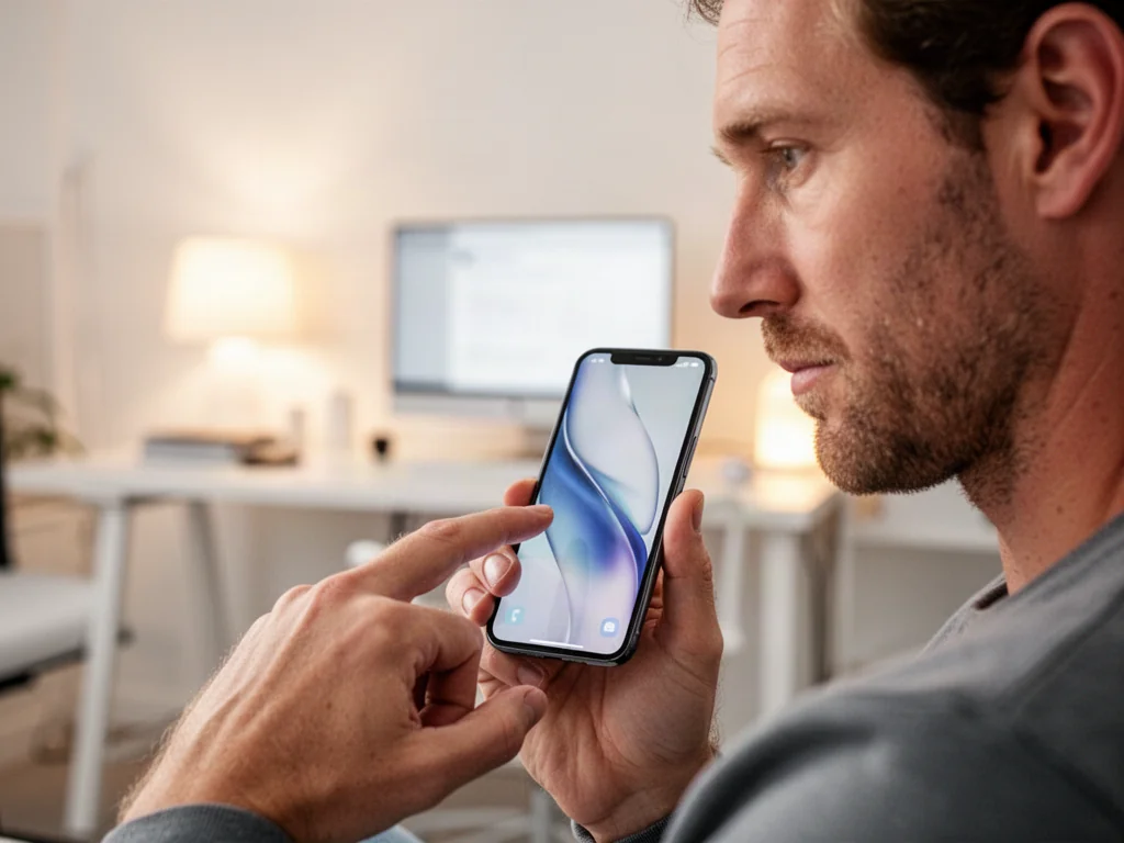 Mężczyzna obsługujący nowoczesny smartfon w minimalistycznym biurze, ilustrujący proces rejestracji konta Xiaomi.