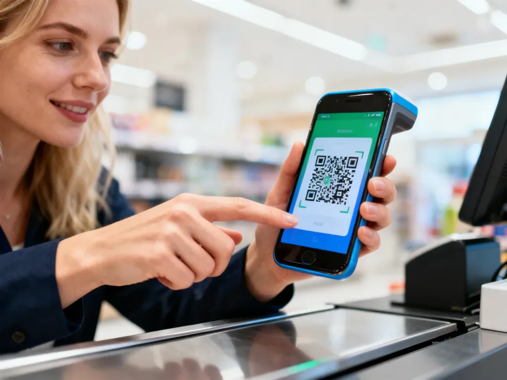 Kobieta płaci za zakupy w sklepie, skanując kod QR za pomocą smartfona z aplikacją BLIK.