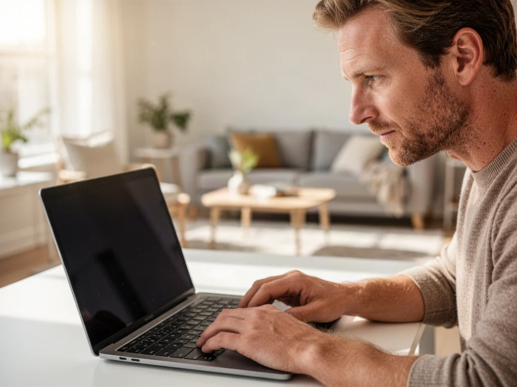 Mężczyzna korzystający z laptopa w jasnym biurze domowym, skupiony na pracy przy komputerze.