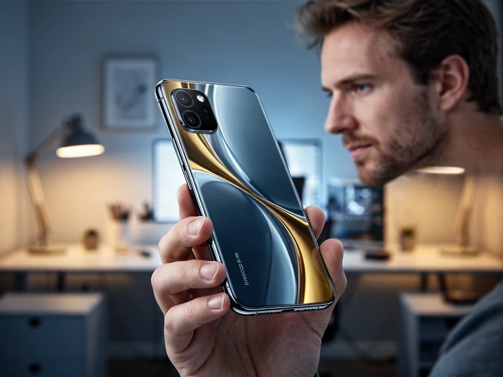 Mężczyzna trzymający nowoczesny smartfon w minimalistycznym biurze, podkreślający elegancki design urządzenia.