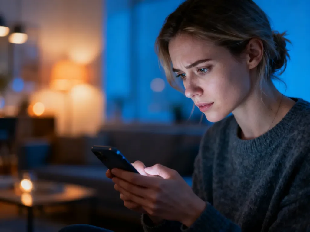 Kobieta zamyślona nad ekranem smartfona w przytulnym salonie, zastanawiająca się nad usunięciem konta w aplikacji.