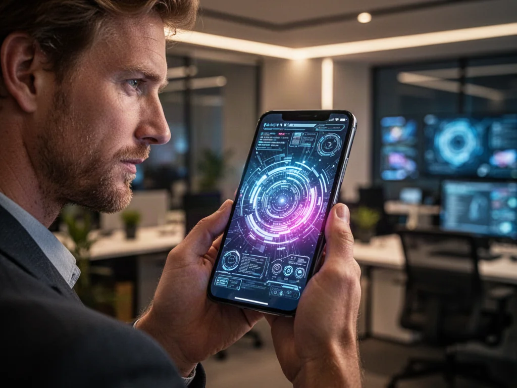 Mężczyzna trzyma nowoczesny smartfon z wyświetlonym interfejsem systemu operacyjnego w biurowym otoczeniu.