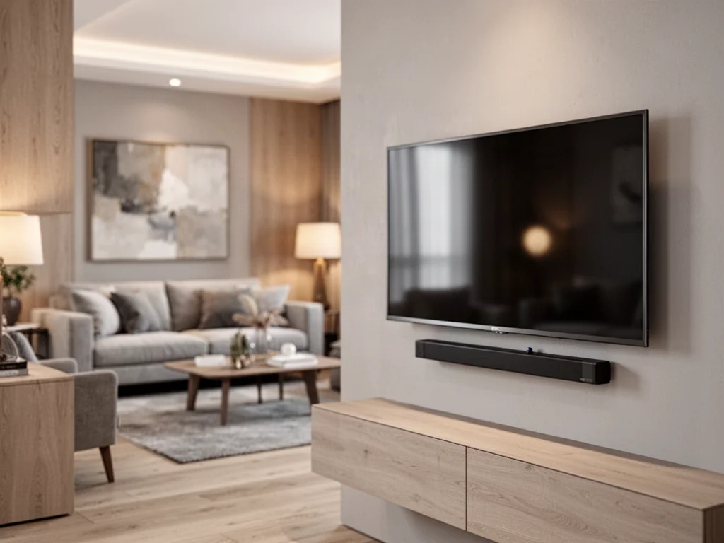 Nowoczesny salon z telewizorem zamontowanym na ścianie na optymalnej wysokości zapewniającej komfort oglądania.