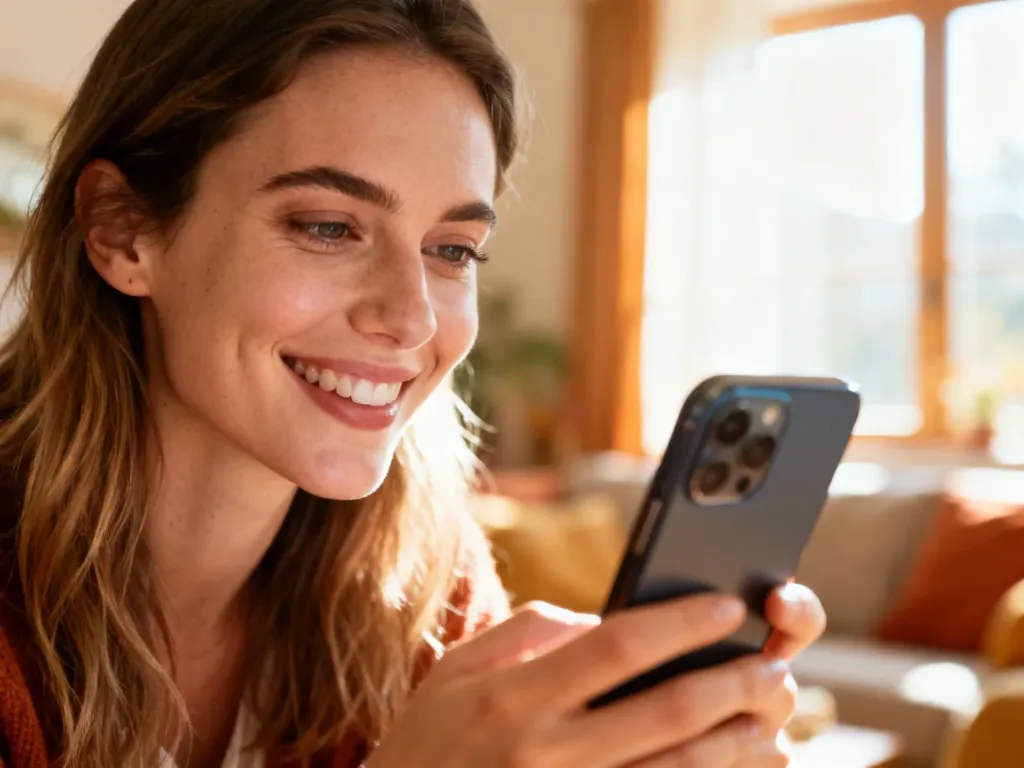 Uśmiechnięta kobieta trzymająca smartfon w przytulnym salonie, korzystająca z aplikacji mobilnej.