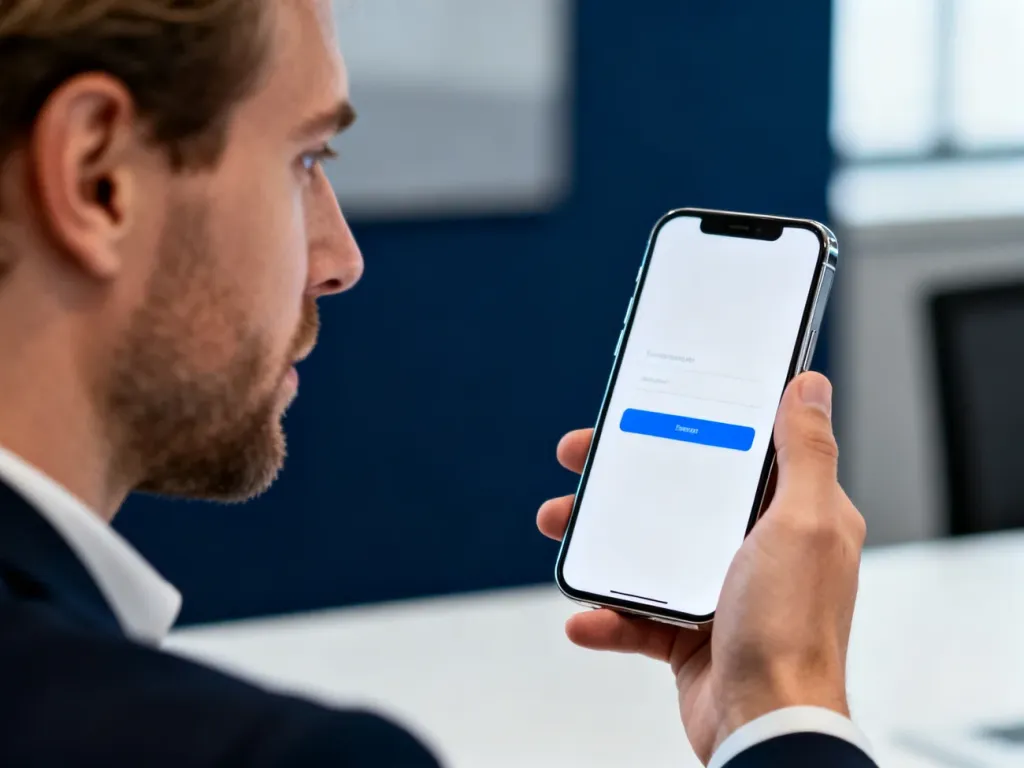 Mężczyzna trzymający smartfon z widocznym interfejsem logowania do aplikacji w profesjonalnym biurowym otoczeniu.