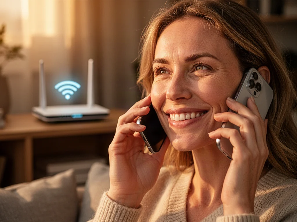 Uśmiechnięta kobieta rozmawia przez smartfon w przytulnym salonie, w tle widoczny router Wi-Fi.