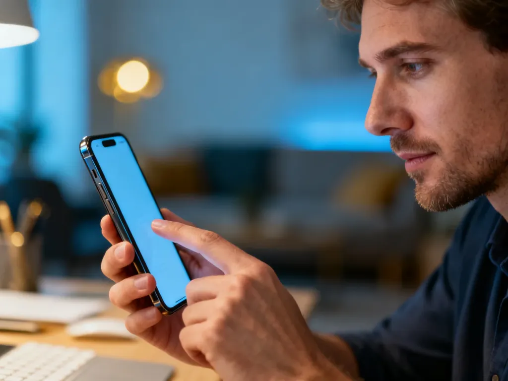 Mężczyzna obsługujący aplikację bankową na smartfonie w przytulnym domowym biurze.