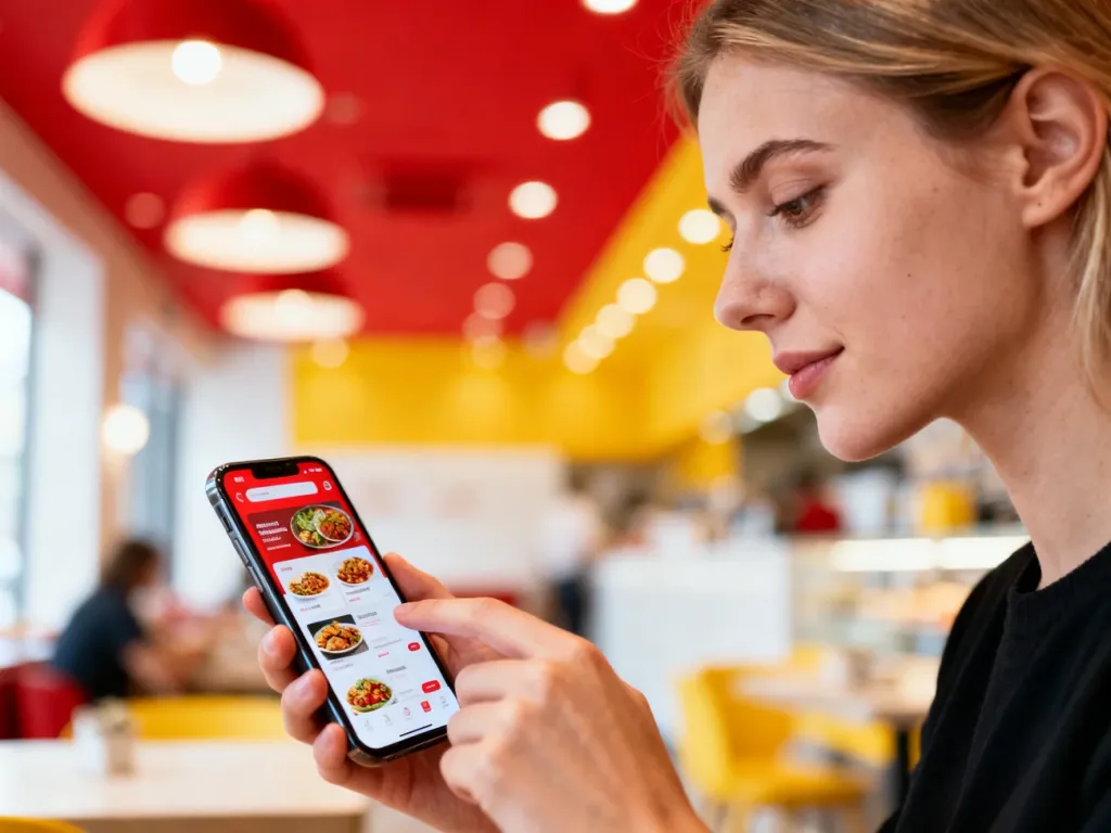 Kobieta korzystająca z aplikacji mobilnej McDonald’s na smartfonie w nowoczesnym wnętrzu restauracji.