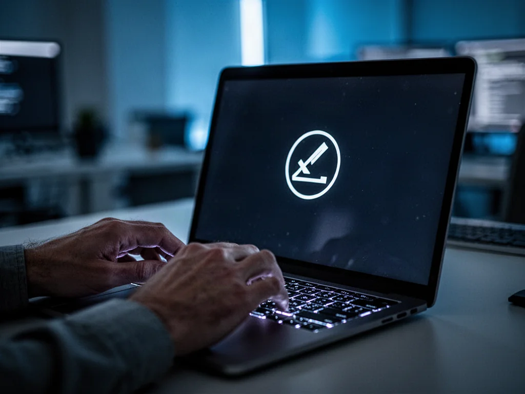 Dłonie piszące na podświetlanej klawiaturze laptopa z wyświetloną ikoną błędu systemowego w ciemnym pomieszczeniu.