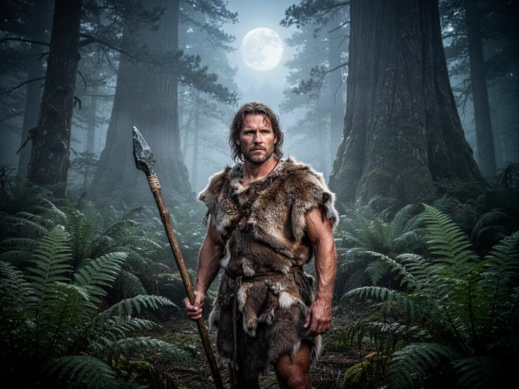 Główny bohater gry Far Cry Primal z włócznią w ręku, stojący w mrocznym, prehistorycznym lesie.
