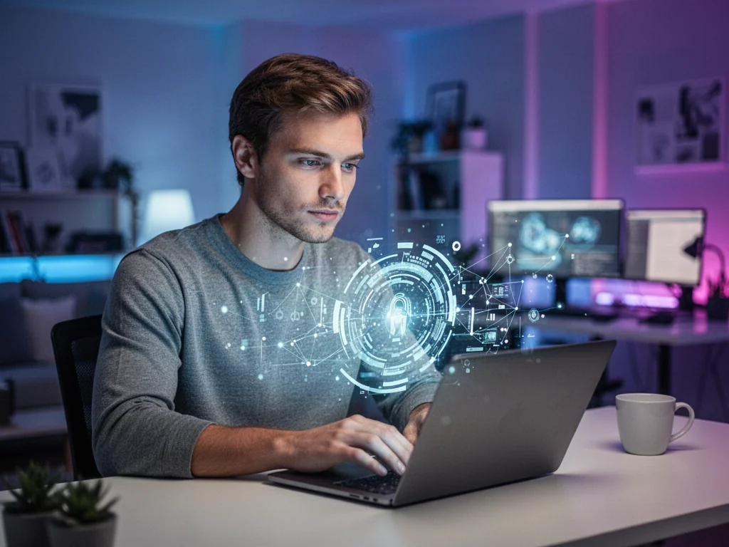 Młody mężczyzna przy laptopie obsługujący zaawansowany interfejs holograficzny w nowoczesnym biurze.