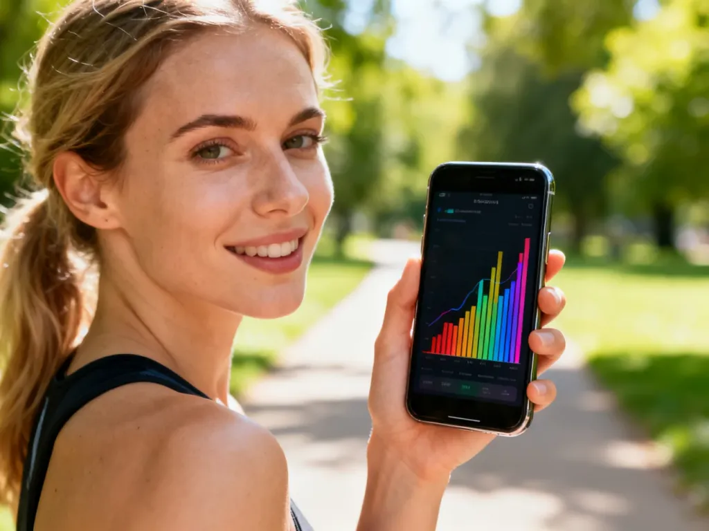 Kobieta trzymająca smartfon z aplikacją do śledzenia aktywności fizycznej na tle słonecznego parku.