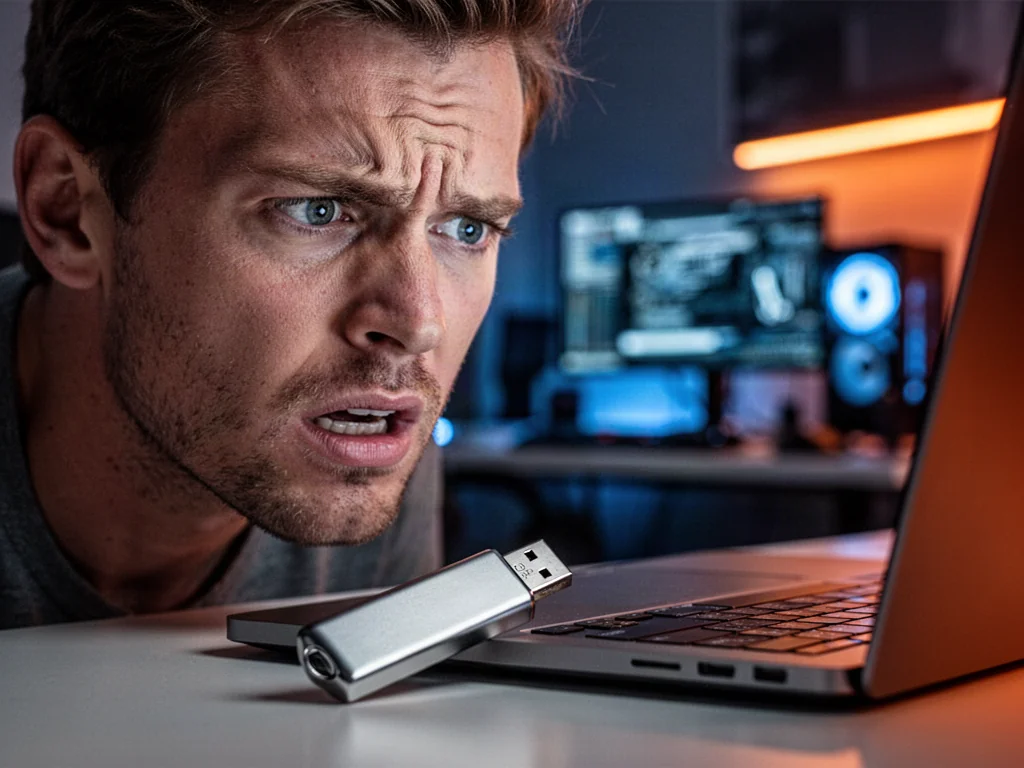 Zirytowany mężczyzna przed laptopem z podłączonym pendrivem, który nie działa. Ilustracja problemów z wykrywaniem pamięci USB.