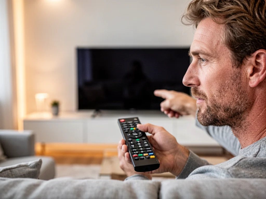 Mężczyzna trzyma pilot skierowany w stronę wyłączonego telewizora w nowoczesnym salonie.