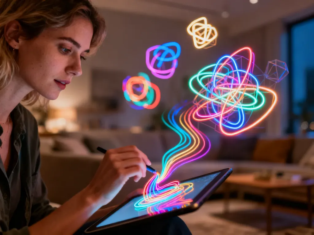 Kobieta tworzy w przestrzeni trójwymiarowe, neonowe rysunki za pomocą tabletu, demonstrując działanie technologii AR Doodle.