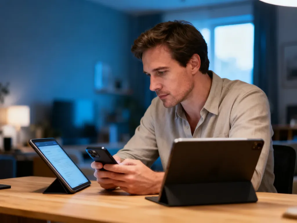 Mężczyzna przy biurku korzystający ze smartfona i tabletu, co ilustruje pracę z aplikacją Evernote w domowym biurze.