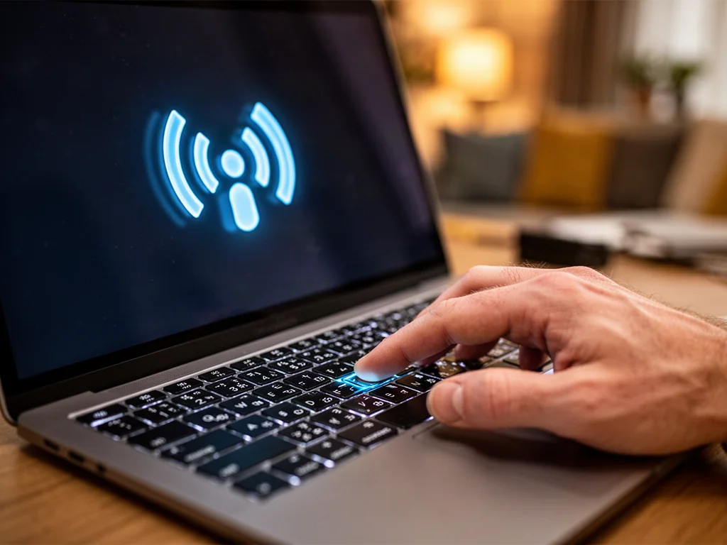 Dłoń naciskająca klawisz funkcyjny na klawiaturze laptopa w celu wyłączenia trybu samolotowego.