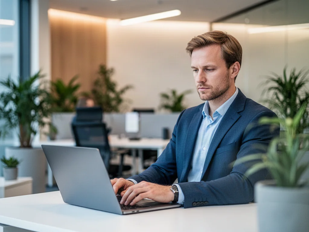 Mężczyzna w nowoczesnym biurze skupiony na pracy przy laptopie, korzystający z systemu informatycznego.