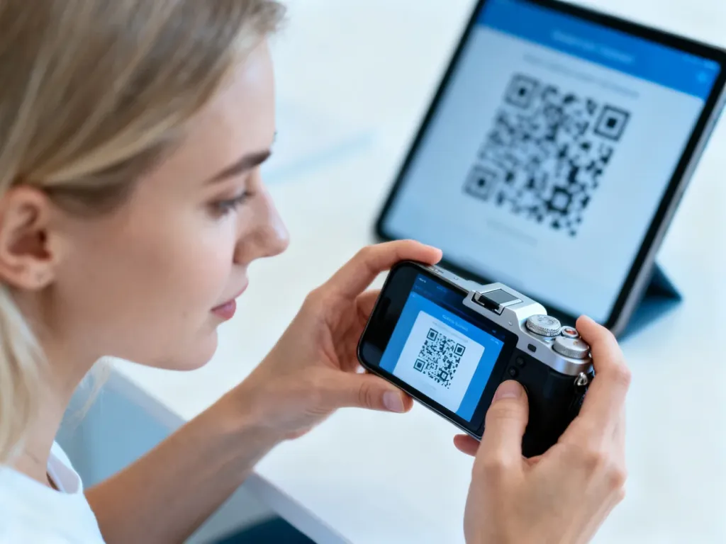 Kobieta używa smartfona do zeskanowania kodu QR wyświetlonego na ekranie tabletu.