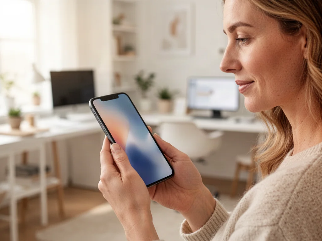 Kobieta trzymająca smartfon, na którym rejestruje kartę SIM w domowym biurze.
