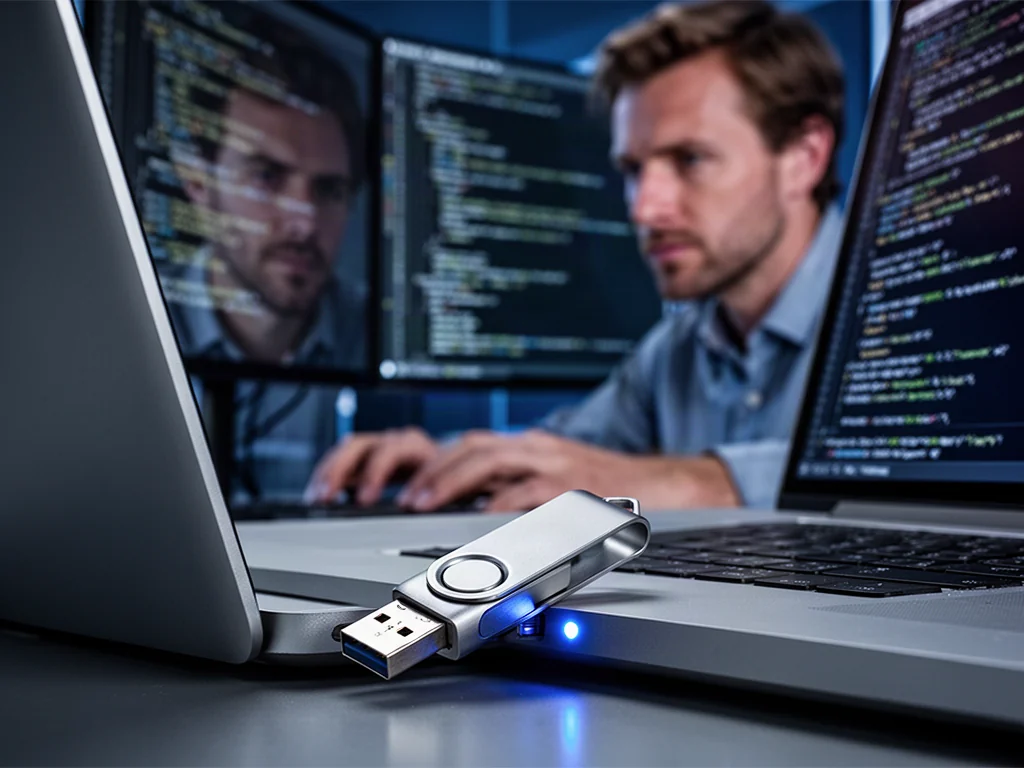 Pendrive wpięty do portu laptopa z widocznym w tle programistą pracującym nad kodem, symbolizujący instalację systemu Linux.