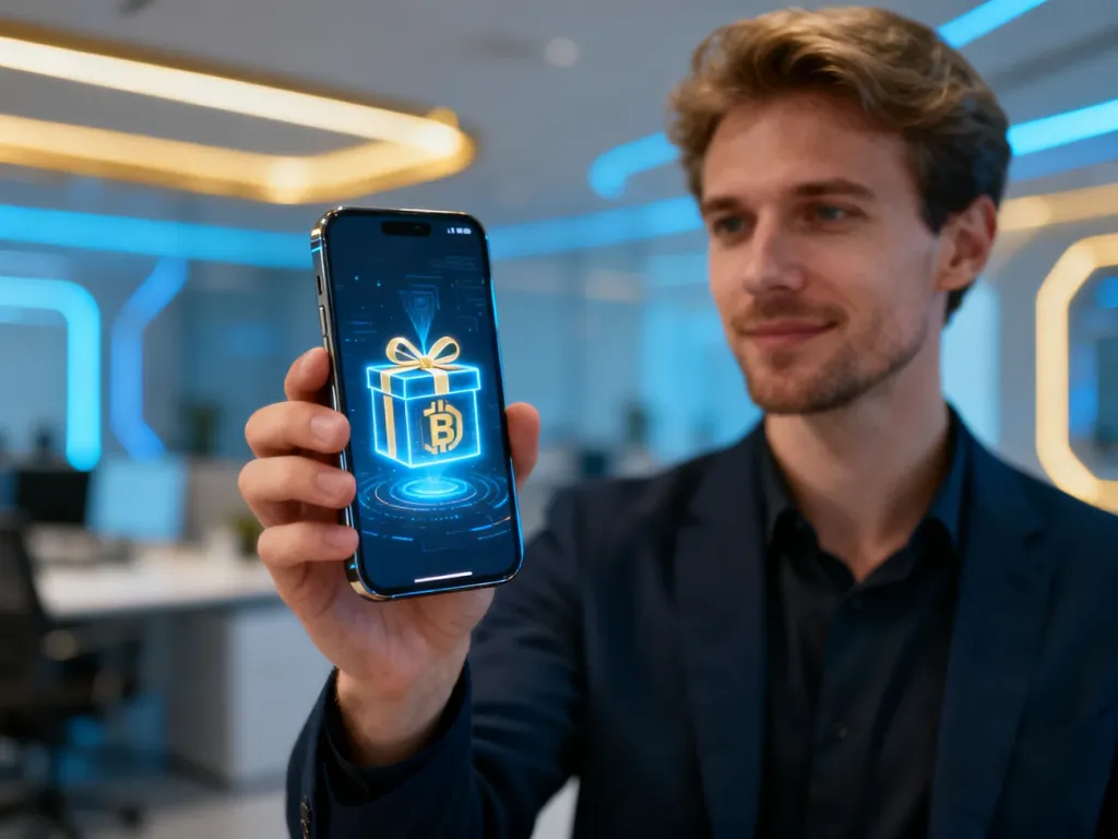 Mężczyzna trzymający smartfon z ikoną prezentu na ekranie, symbolizującą otrzymanie kryptowalut w ramach airdropu.