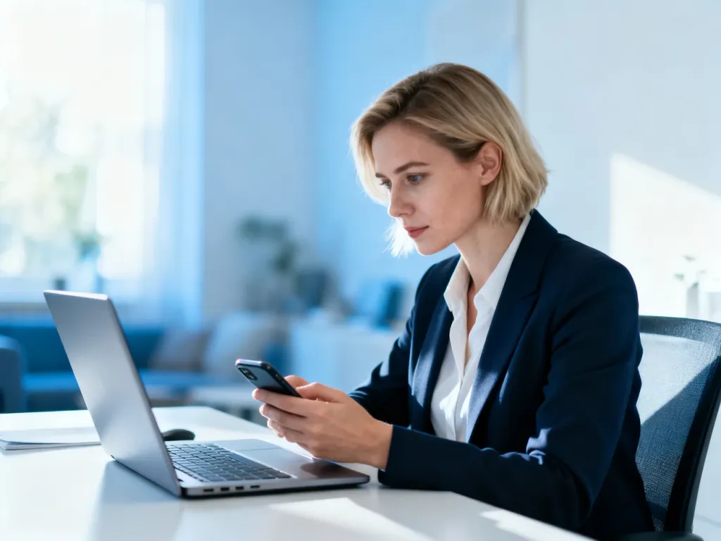 Kobieta pracująca przy laptopie i smartfonie w jasnym biurze domowym, skupiona na obsłudze konta online.