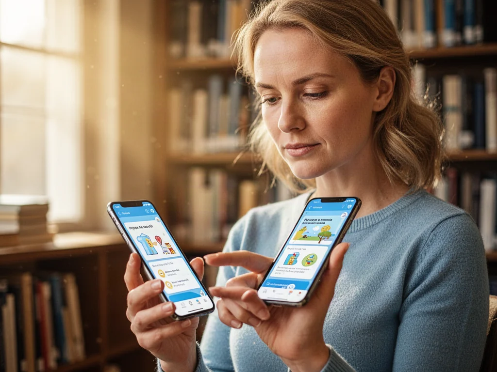 Skupiona kobieta korzystająca z aplikacji do nauki języka angielskiego na smartfonie w przytulnej bibliotece.