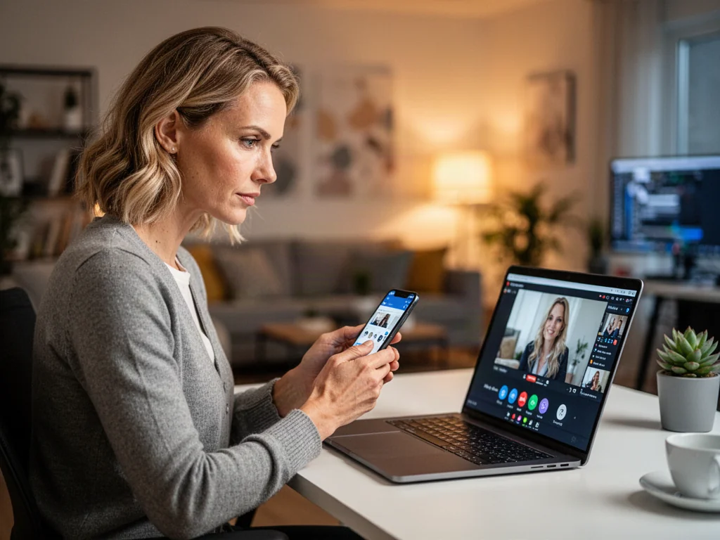 Kobieta przy biurku korzystająca ze smartfona i laptopa, na którym wyświetlany jest interfejs odtwarzacza wideo.