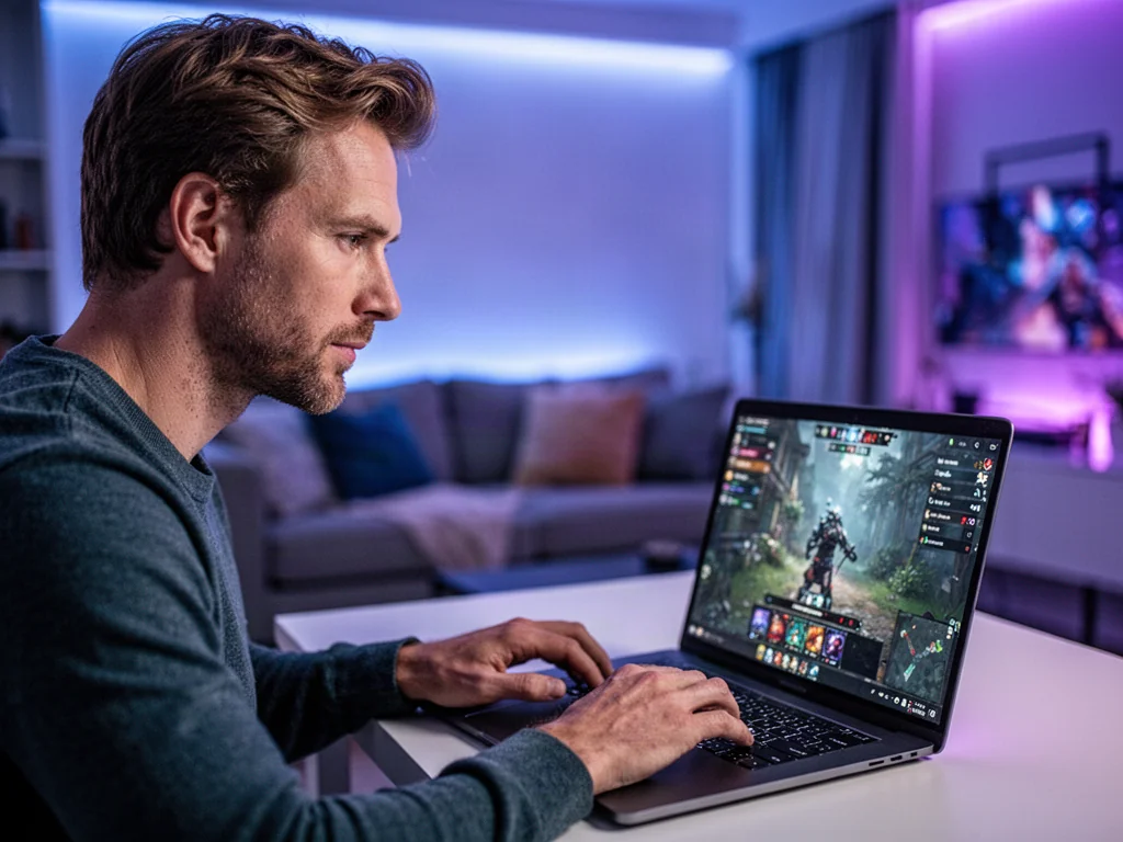 Mężczyzna skupiony na ekranie laptopa z otwartym interfejsem platformy gamingowej w nowoczesnym, nastrojowym wnętrzu.