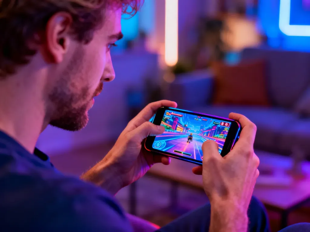 Mężczyzna grający na smartfonie w kolorową grę wideo w przytulnym salonie, ilustrujący rozgrywkę w Apple Arcade.