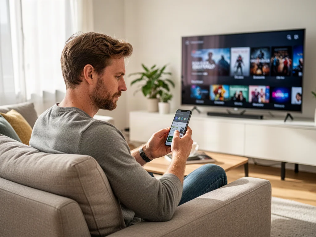 Mężczyzna siedzący na kanapie z telefonem w ręku, korzystający z aplikacji Polsat Box w domowym zaciszu.