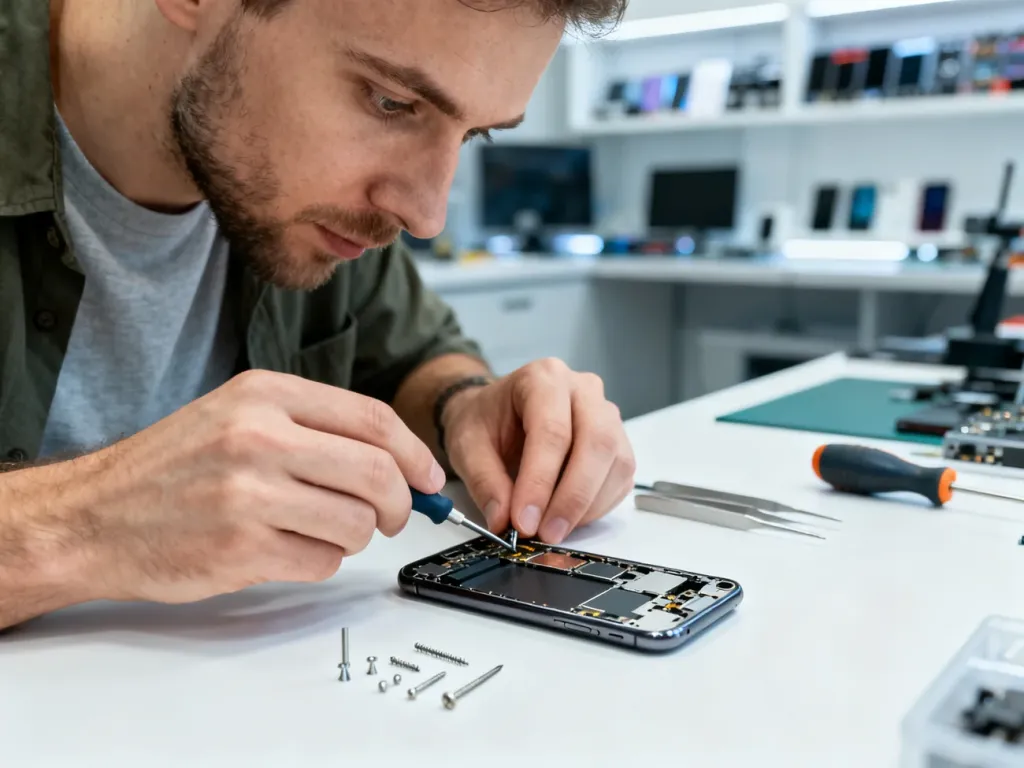Serwisant w Poznaniu naprawia rozkręcony smartfon na biurku, obok poukładane śrubki, narzędzia i części zamienne